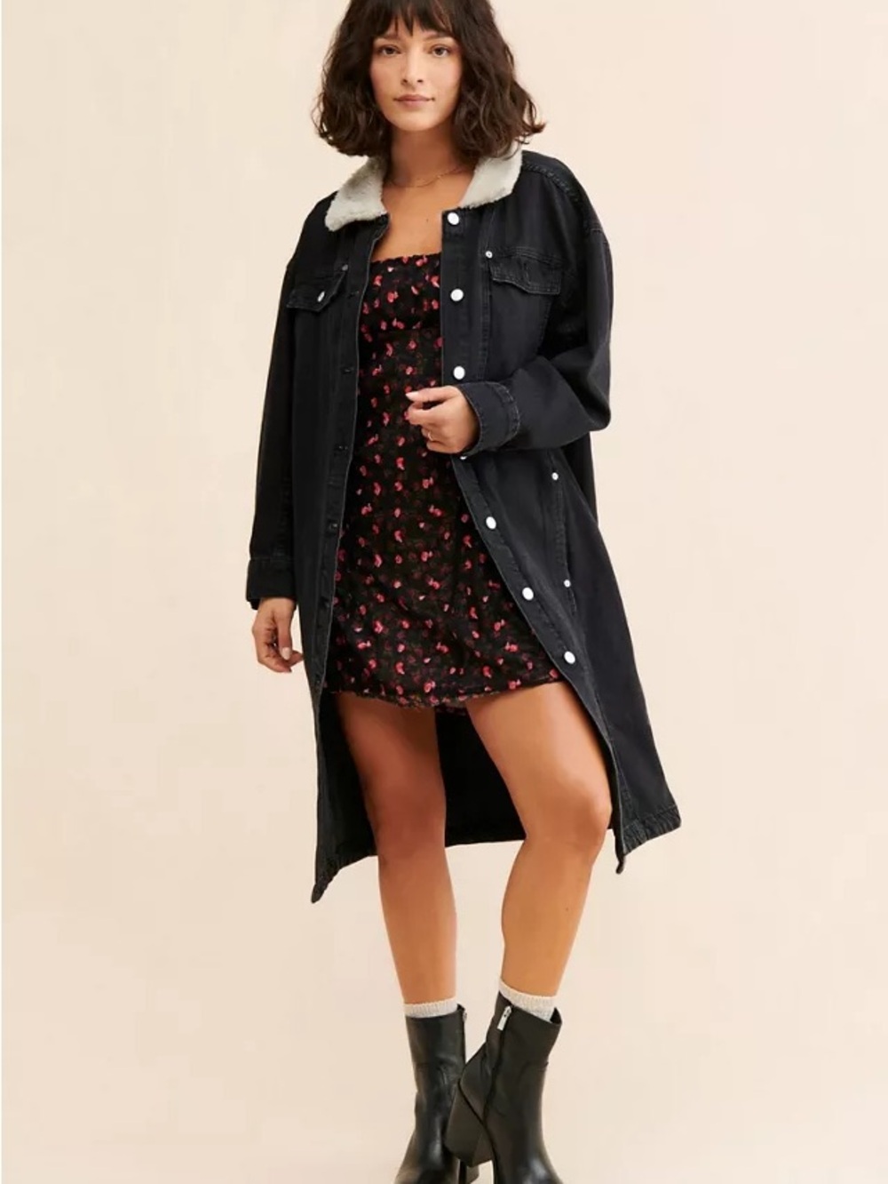 Anthropologie Pilcro Sherpa Collar Long Denim Coat Black Medium